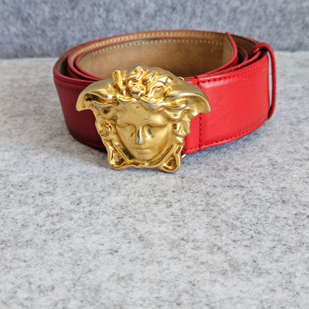 Versace Medusa Head Red Leather Gold Buckle Belt 105/42 DCU4140.DVTP1 Italy